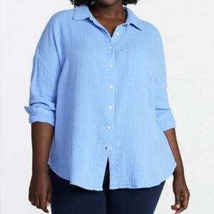 Terra & Sky Women's Plus Size Double Cloth Boyfriend Shirt, Blue. Size 2X.